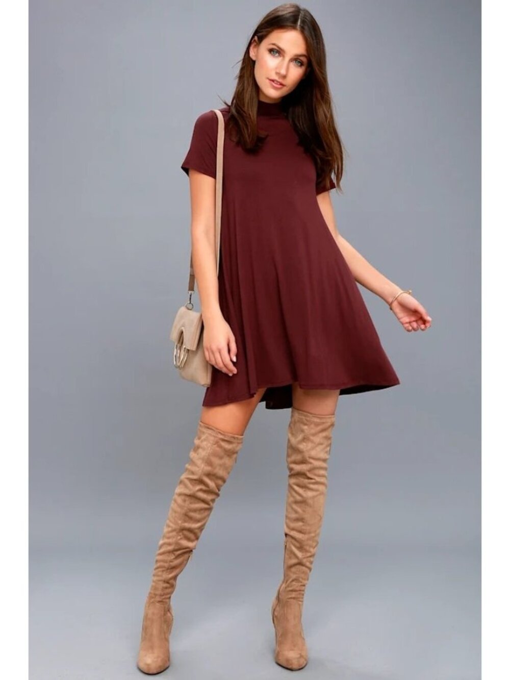 Lulus Swing Dress XS Burgundy Mock Neck Short Sleeve Made In USA - Picture 2 of 13